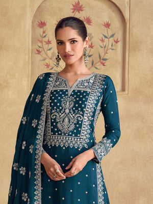 Rajwada Teal Georgette Embroidered Semi-Stitched Kurta Set For Women