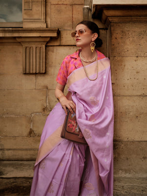 Rajwada Lavender Soft Silk Woven Saree With Unstitched Blouse For Women