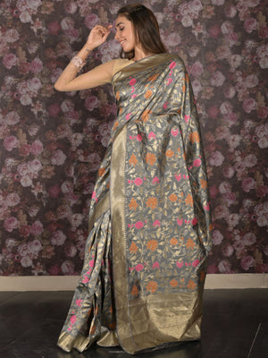 Rajwada Grey Silk Blend Woven Saree with Unstitched Blouse for Women