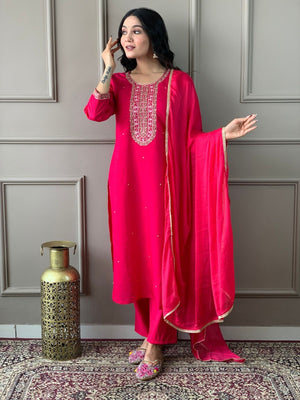 Rajwada Pink Viscose chanderi Embroidered Stitched Kurta Set For Women