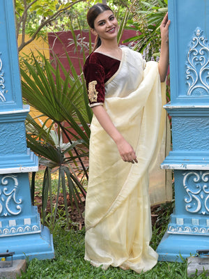 Rajwada Cream Lace Embroidered Crush Tissue Silk Saree with Unstitched Blouse for Women