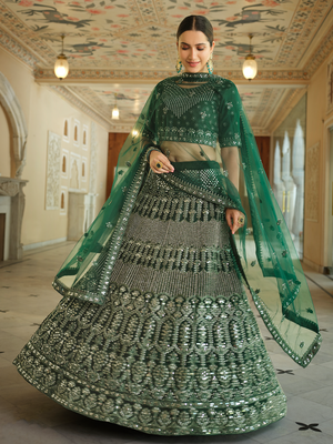 Rajwada Women Green Embroidered Soft Net Semi Stitched Lehenga With Unstitched Blouse