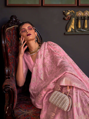 Rajwada Pink Silk Blend Woven Saree With Unstitched Blouse For Women