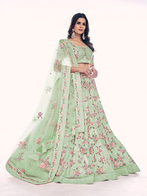 Rajwada Olive Embroidered Soft Net Semi Stitched Lehenga With Blouse For Women
