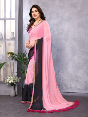 Rajwada Peach And Black Georgette Lace Work Saree With Unstitched Blouse For Women