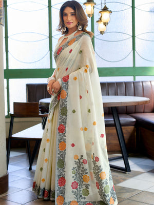 Rajwada White Cotton Blend Solid Saree For Women