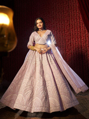Rajwada Pink Silk Blend Embroidered Semi-Stitched Lehenga For Women