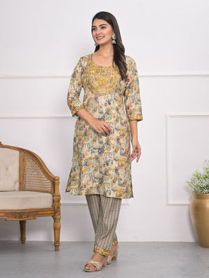 Rajwada Mustard and grey Chanderi Embroidered And Printed Stitched Kurta Set Without Dupatta For Women
