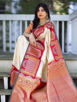 Rajwada Off White Silk Blend Woven Saree For Women