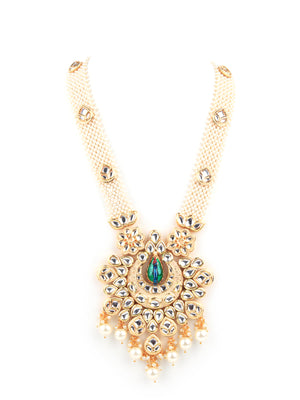 Rajwada Women White And Green Peacock Bridal Long Necklace Set With Earrings