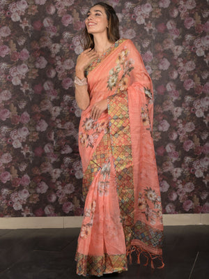 Rajwada Orange Floral Printed Cotton Blend Saree with Unstitched Blouse for Women