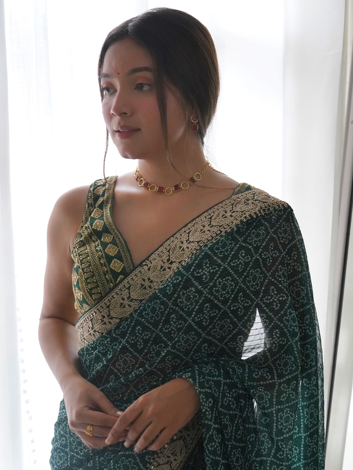 Rajwada - Beautiful Teal Georgette Silk Saree with Unstitched Blouse