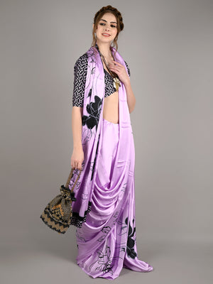 Purple Satin Crepe Digital Floral Print Saree With Unstitched Blouse