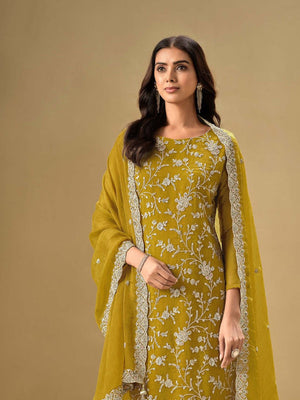 Rajwada Mustard Chinon Embroidered Semi-Stitched Kurta Set For Women