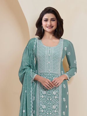 Rajwada Sky Blue Georgette Embroidered Semi-Stitched Kurta Set For Women