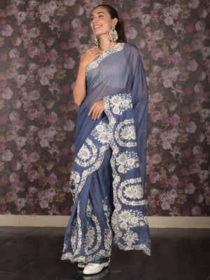 Rajwada Blue Thread Embroidered Organza Saree With Unstitched Blouse For Women