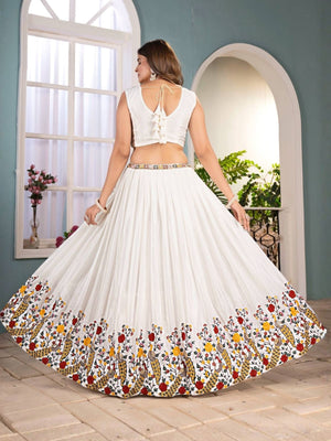 Rajwada White Chinon Sequence Embroidered Semi-Stitched Lehenga For Women