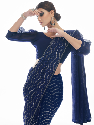 Rajwada Women Dark Blue Georgette Saree With Unstitched Blouse