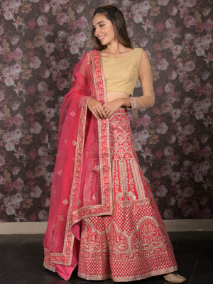 Rajwada Pink Velvet Embroidered Semi Stitched Lehenga With Unstitched Blouse For Women