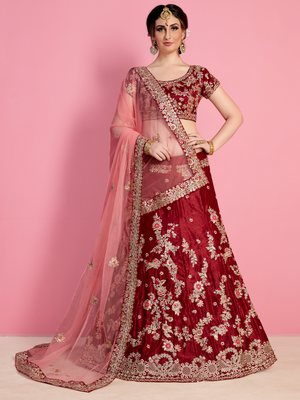 Rajwada Women Red Embroidered Velvet Silk Semi Stitched Lehenga With Unstitched Blouse