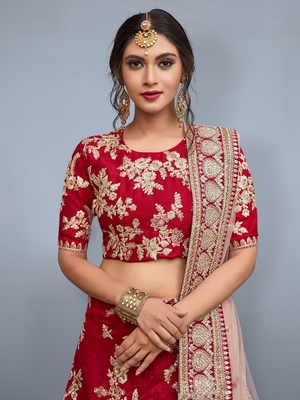 Rajwada Women Red Embroidered Semi Stitched Lehenga With Unstitched Blouse