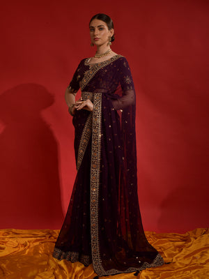 Rajwada Wine Embroidered Georgette Saree With Unstitched Blouse For Women