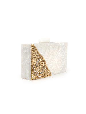 Rajwada White And Gold Resin Box Clutch Bag For Women
