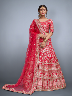 Rajwada Women Pink Embroidered Semi Stitched Lehenga With Unstitched Blouse