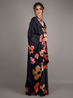 Black Silk Blend Digital Floral Print Saree With Unstitched Blouse