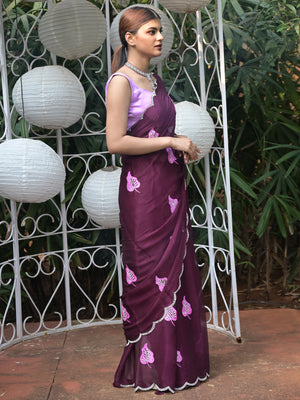 Rajwada Purple Embroidered Chiffon Silk Saree with Unstitched Blouse for Women