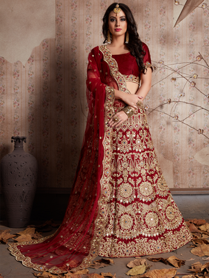 Rajwada Women Maroon Embroidered Semi Stitched Lehenga With Unstitched Blouse