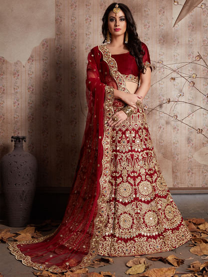 Rajwada Women Maroon Embroidered Semi Stitched Lehenga With Unstitched Blouse