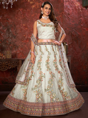 Rajwada White Net Embroidered Semi Stitched Lehenga With Unstitched Blouse for Women