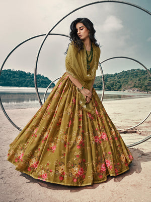 Rajwada Olive Printed Organza Semi Stitched Lehenga With Blouse For Women