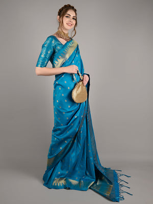 Blue Silk Woven Saree With Unstitched Blouse