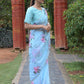 Rajwada Sea Blue Floral Printed Embroidered Soft Organza Saree with Unstitched Blouse for Women