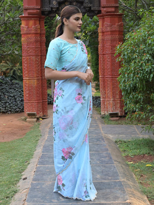 Rajwada Sea Blue Floral Printed Embroidered Soft Organza Saree with Unstitched Blouse for Women