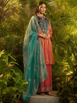 Rajwada Rust Organza Embellished Kurta Set For Women