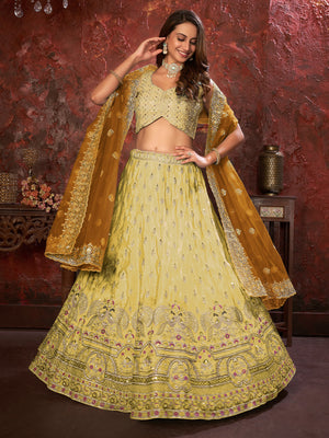 Rajwada Yellow Net Embellished Semi Stitched Lehenga With Unstitched Blouse for Women