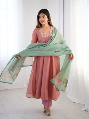 Rajwada Pink Silk Blend Embroidered Stitched Kurta Set For Women