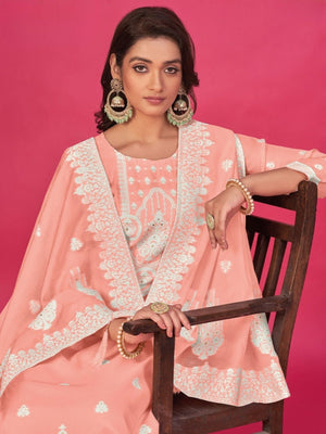 Rajwada Peach Organza Embroidered Semi-Stitched Kurta Set For Women