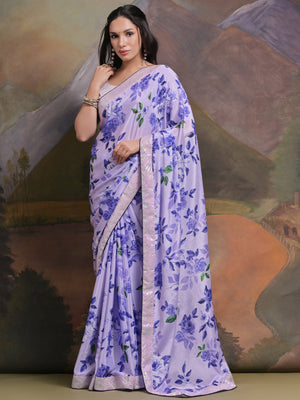 Rajwada Purple Printed Chiffon Saree With Unstitched Blouse For Women