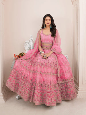 Rajwada Pink Net Embroidered Semi Stitched Lehenga With Unstitched Blouse for Women