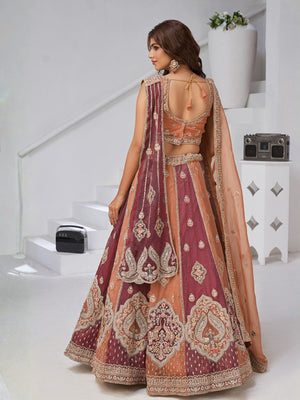 Rajwada Rust Georgette Tissue Embroidered Semi-Stitched Lehenga For Women