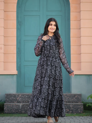 Rajwada Black Chiffon Stitched Printed Indo Western Dress For Women