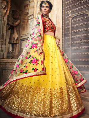 Rajwada Women Yellow Embroidered Soft Net Semi Stitched Lehenga With Unstitched Blouse