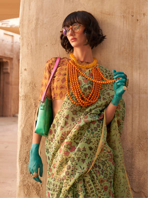 Rajwada Green Tissue Printed Saree With Unstitched Blouse For Women