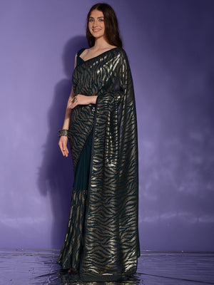 Rajwada Teal Embellished Georgette Saree With Unstitched Blouse For Women