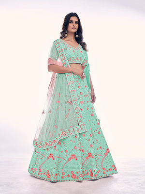 Rajwada Sea Green Embroidered Soft Net Semi Stitched Lehenga With Blouse For Women
