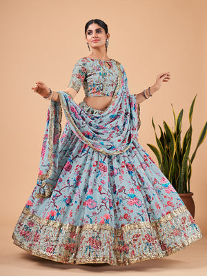 Rajwada Women Light Blue Printed And Embroidered Semi Stitched Lehenga With Unstitched Blouse